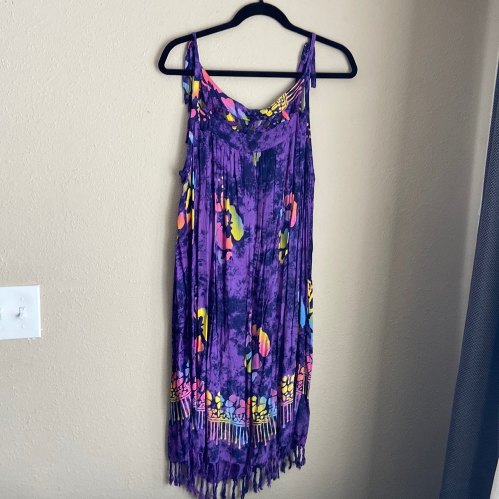 Flowy Purple flowered dress or swimming suit cover up with Criss cross detail